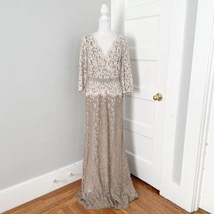 NWT Tadashi Shoji Beige Lace Floor-Length Belted Formal Gown Maxi Dress Size 8